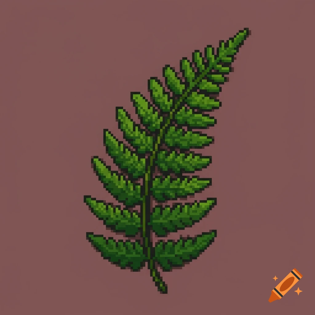 Pixel art illustration of a green fern leaf on a brown background.