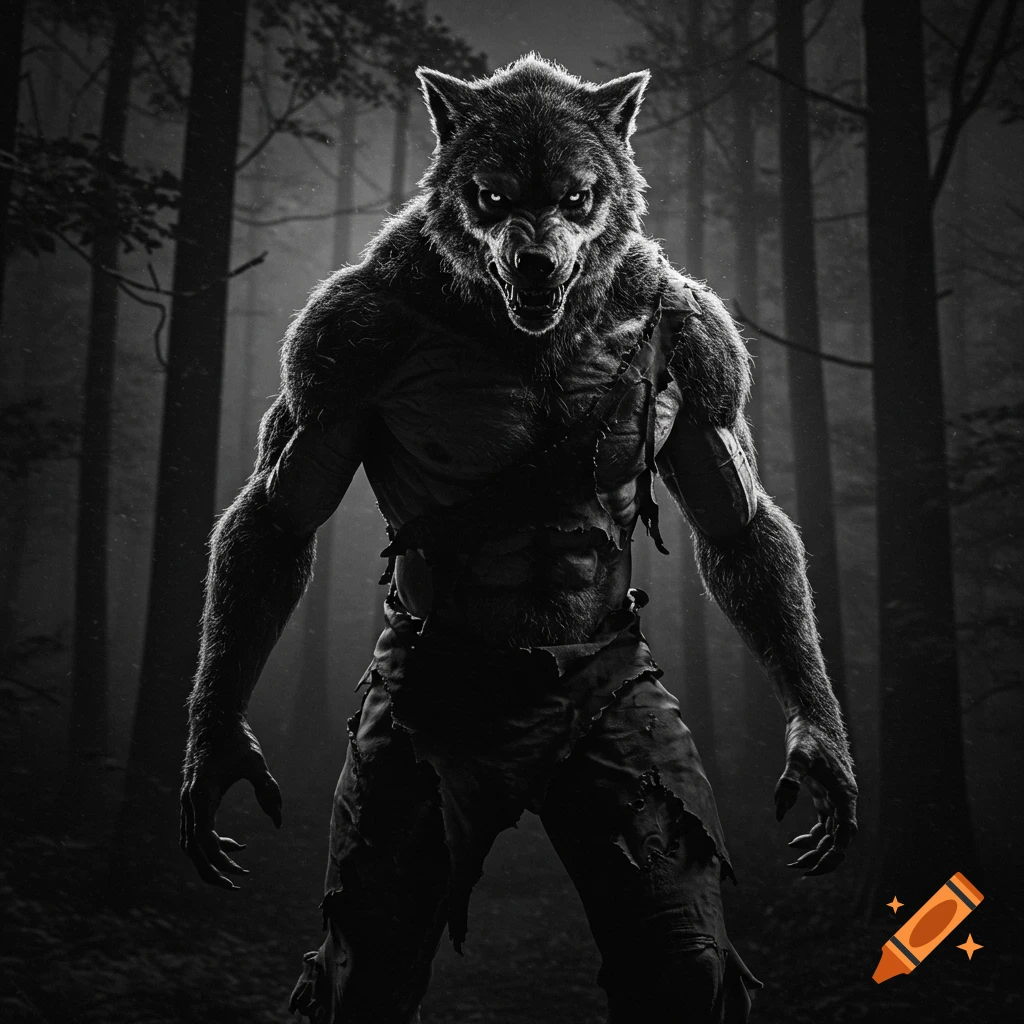 Monstrous werewolf stands in a dark, misty forest, black and white.