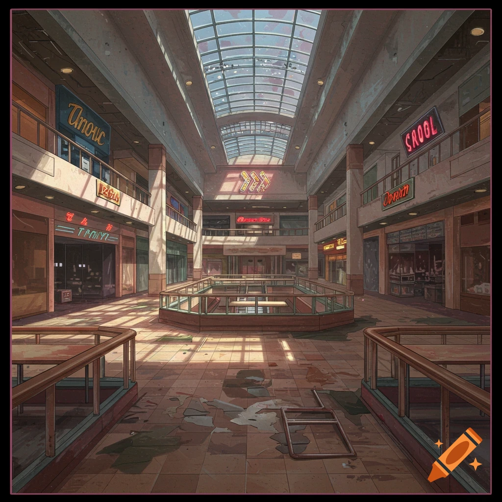 An abandoned 80s mall interior featuring neon signs, a skylight, and no people.