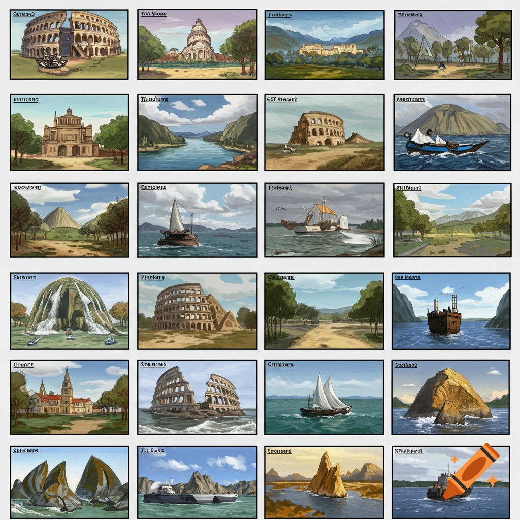 A grid of 20 illustrations in a storyboard style, showing landscapes, historical buildings, ships, and planes.