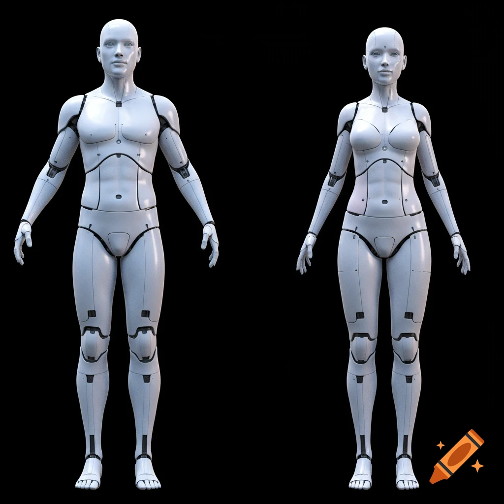 A male android and a female android stand side by side against a black background.