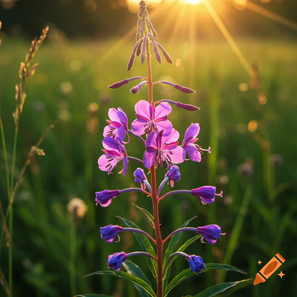 A purple fireweed flower bathed in golden sunlight in a field.