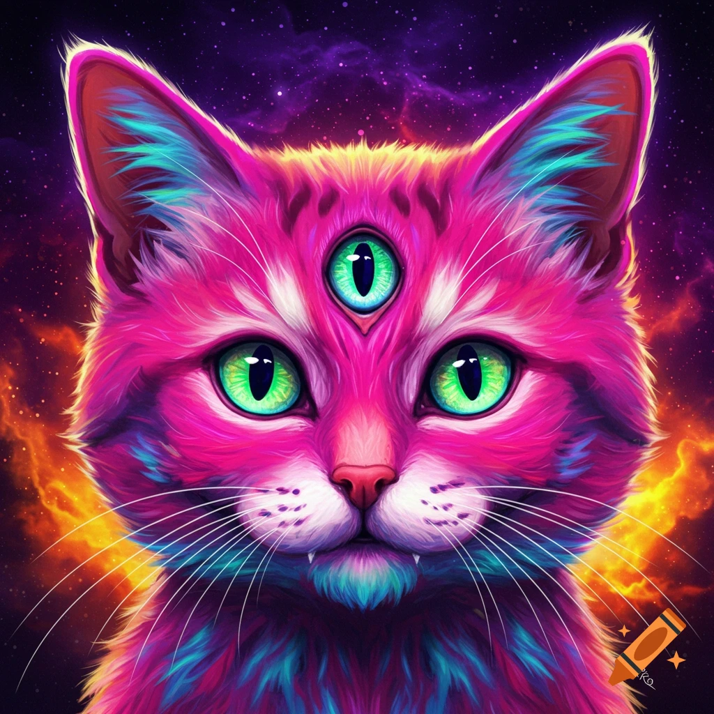 A psychedelic pink three-eyed cat with bold colors against a starry space background.