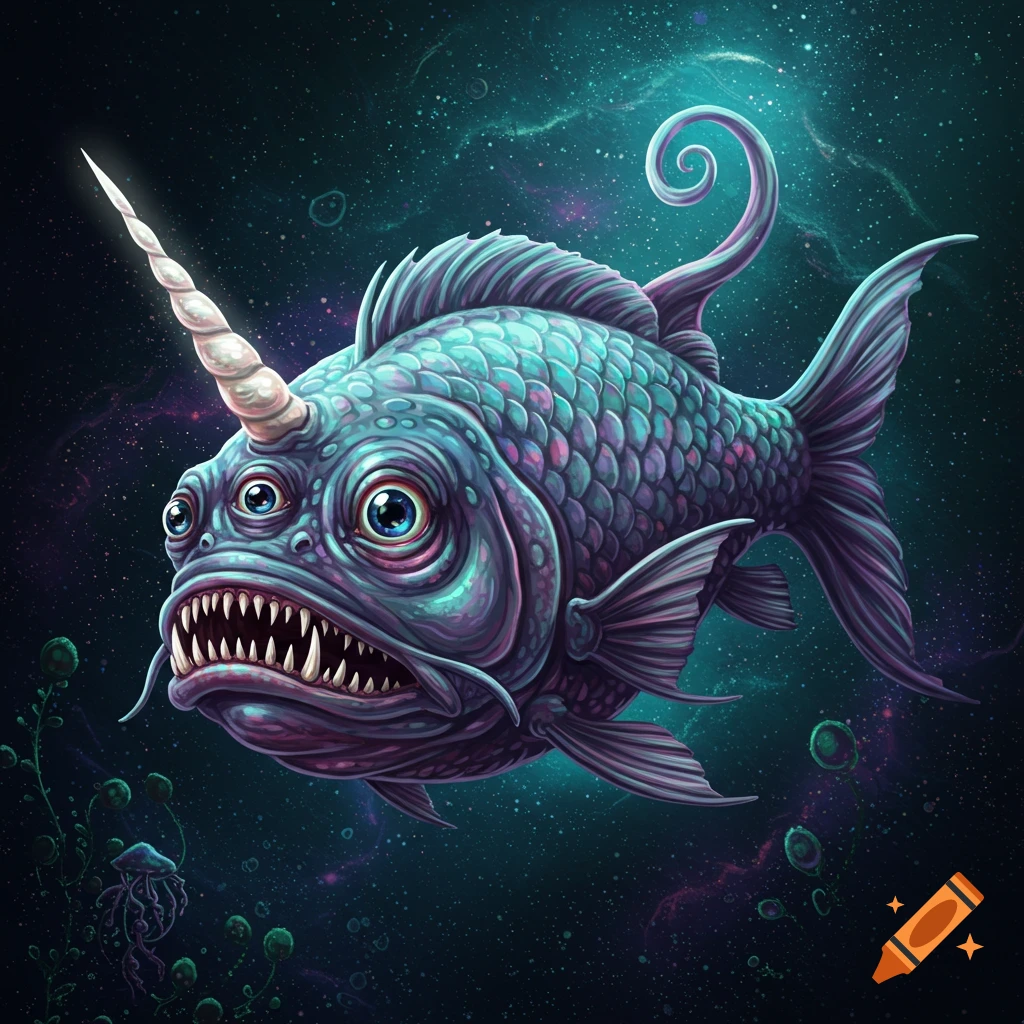 A three-eyed fish with a large underbite and a unicorn horn floats in a cosmic, deep-sea environment.