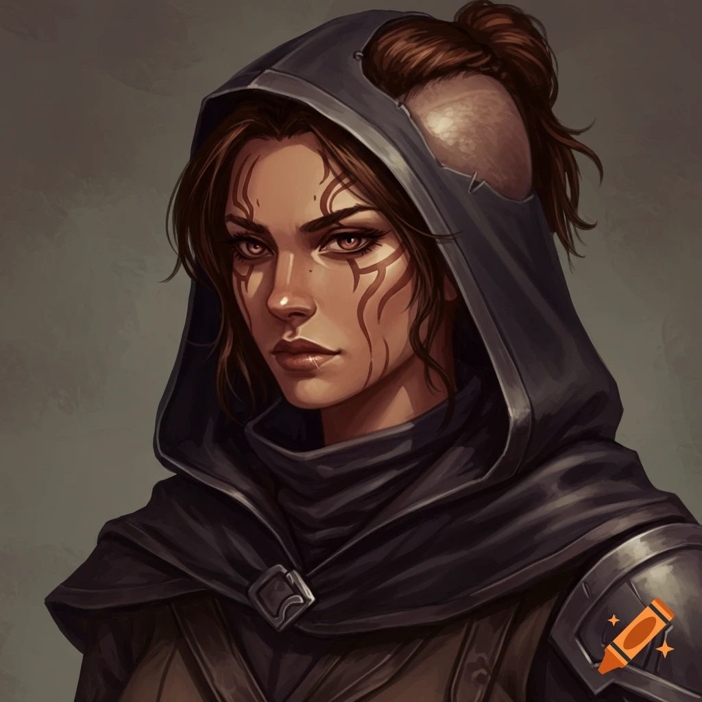 Illustration of a hooded female fantasy rogue with facial markings and a shaved head.