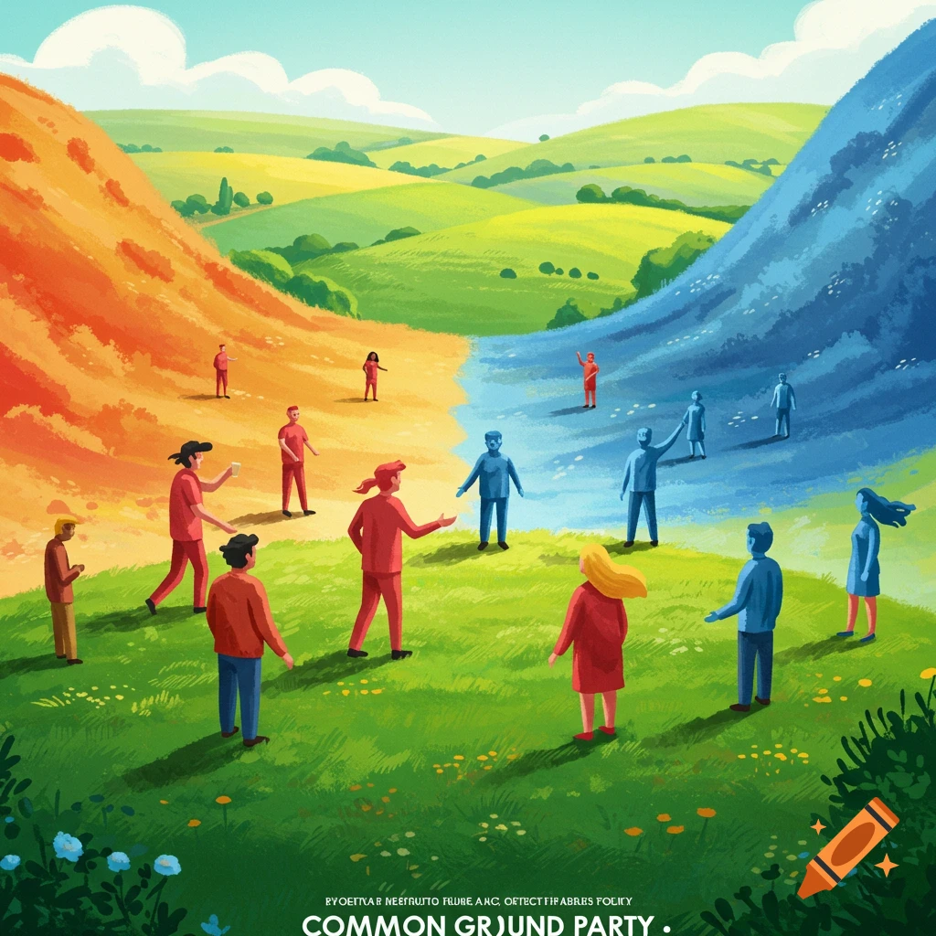 Stylized illustration of red and blue figures meeting on a green hill landscape divided by color.