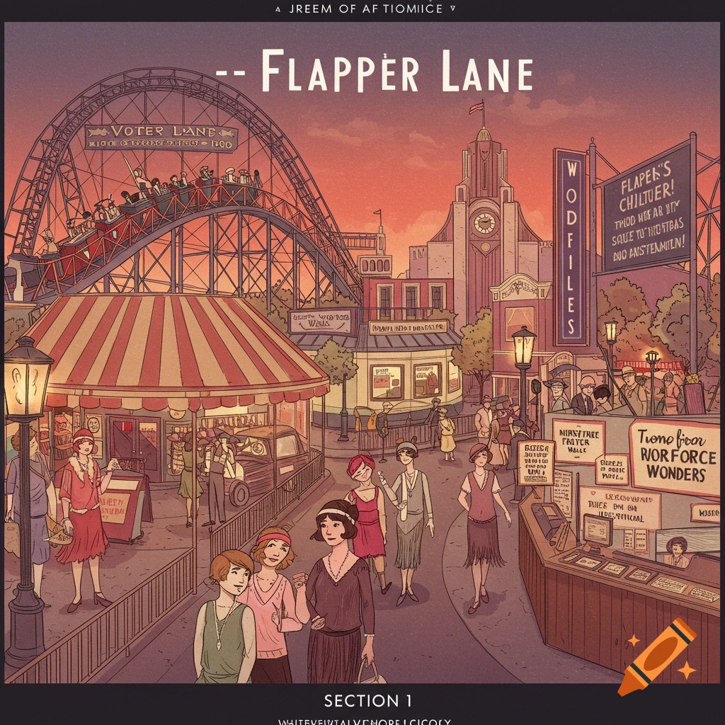 Illustration of a 1920s amusement park street with a roller coaster, shops, and people in flapper fashion.