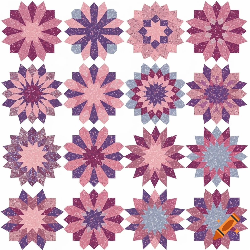 A grid of pink, purple, and blue geometric star patterns on a white background.
