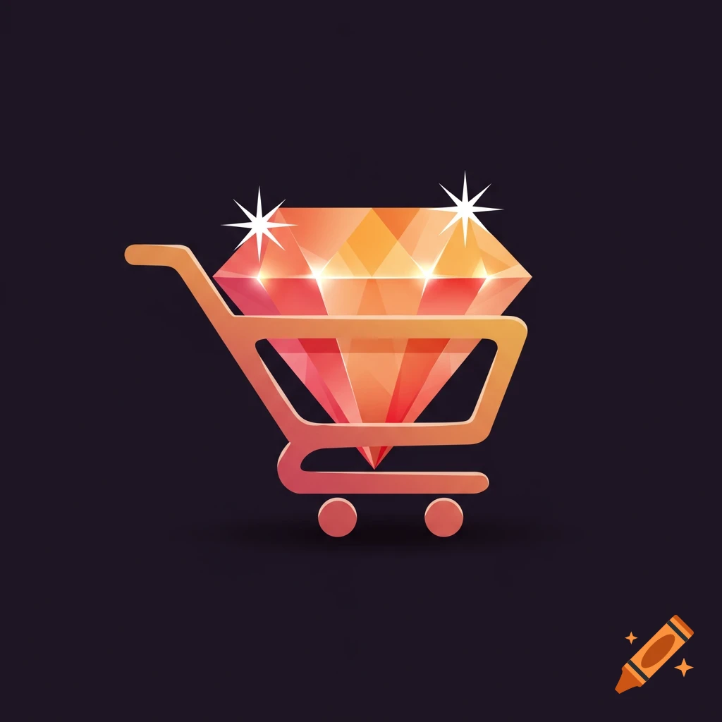 Stylized illustration of a large orange diamond in a shopping cart on a dark background.