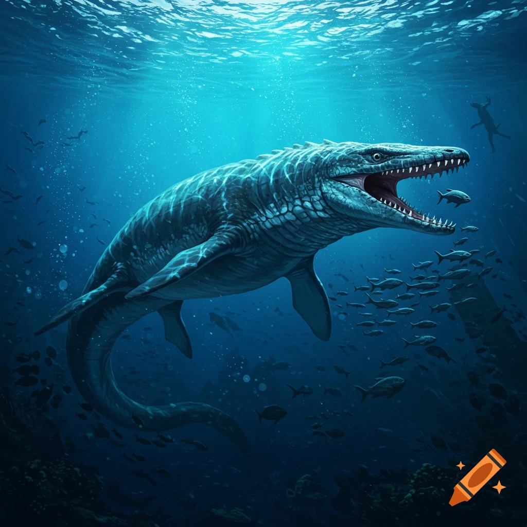 A detailed image shows a large mosasaurus swimming underwater with its mouth open, surrounded by smaller fish.