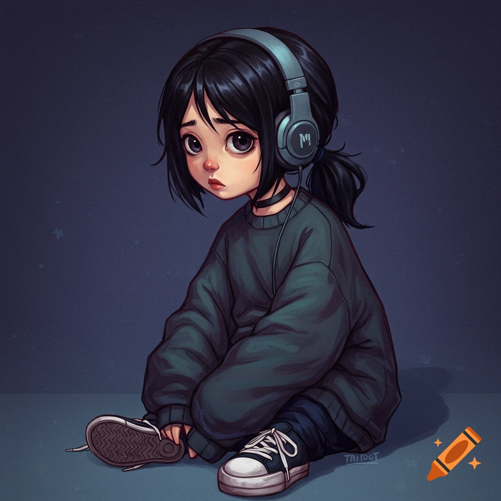 A young girl with headphones is sitting and wearing an oversized sweater.
