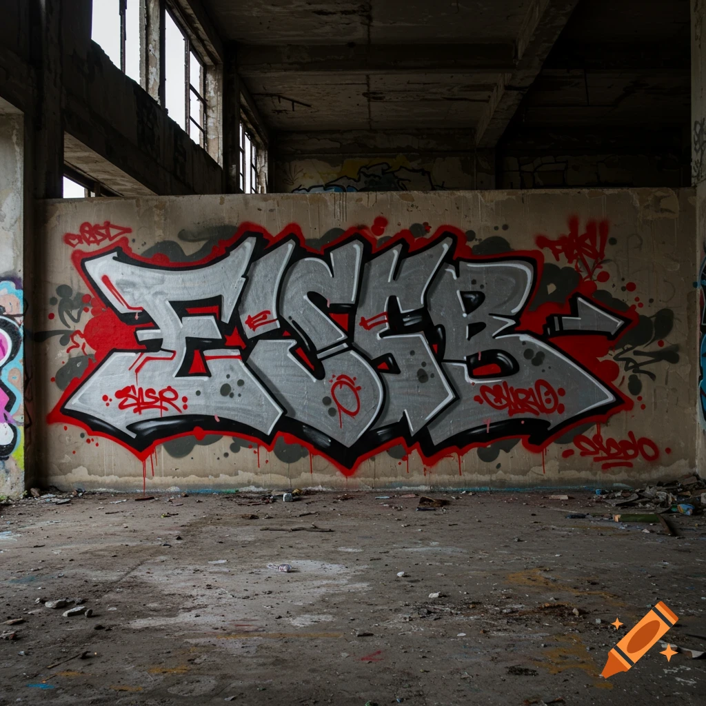 A large gray and red graffiti tag spelling 'FSB' on a concrete wall in an abandoned building.
