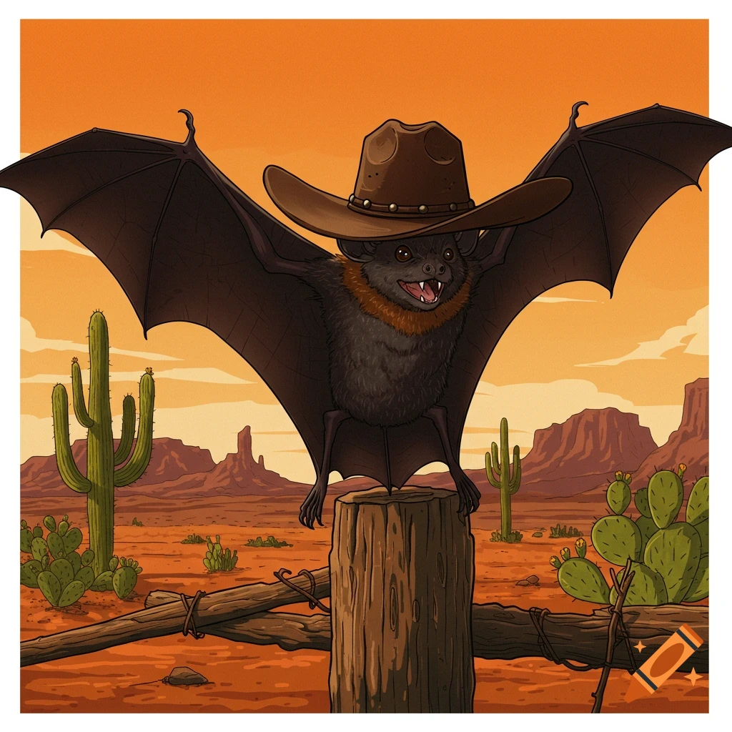 Digital illustration of a bat wearing a cowboy hat in a desert with cacti.