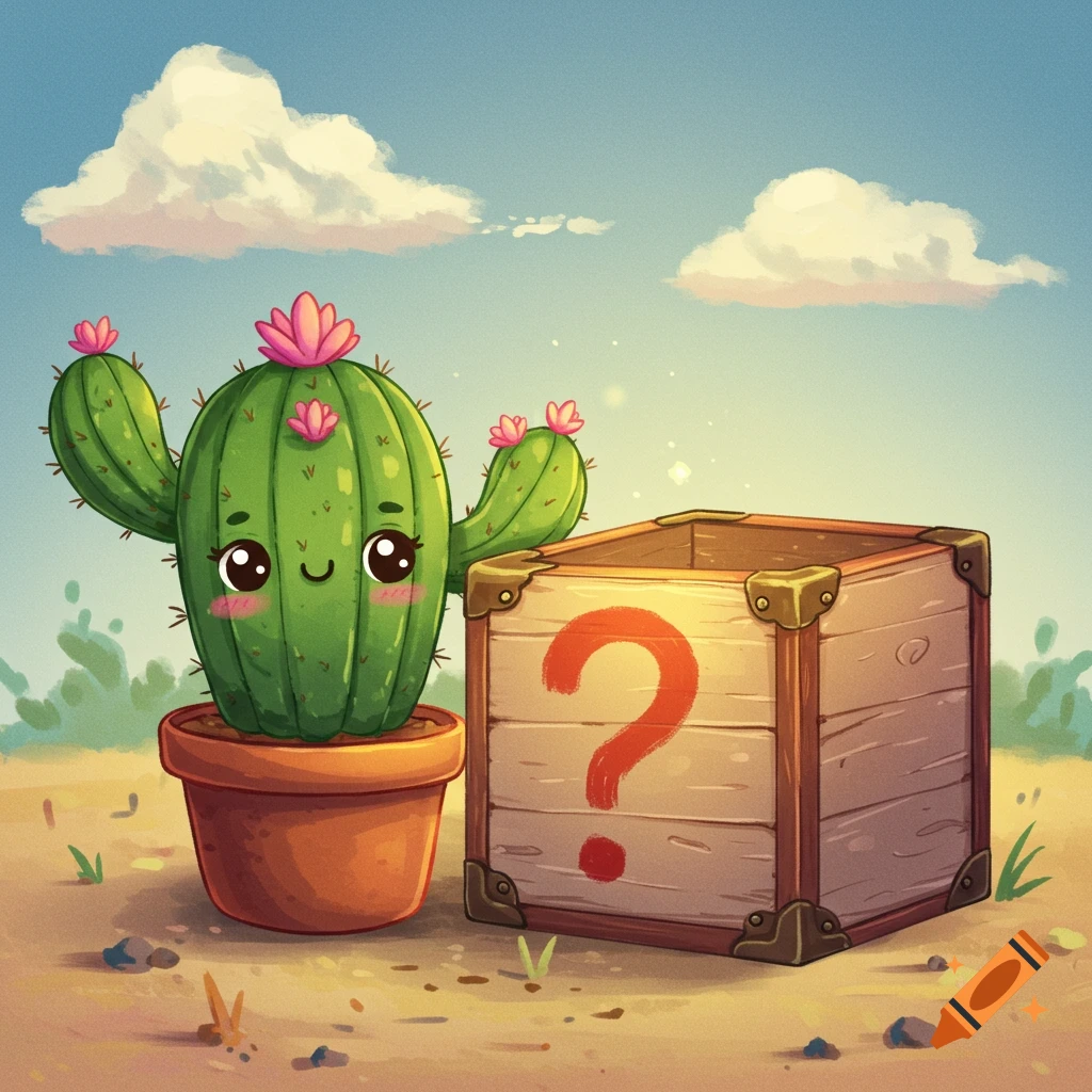 Cute cartoon cactus standing next to a wooden box with a question mark on it in a desert landscape.