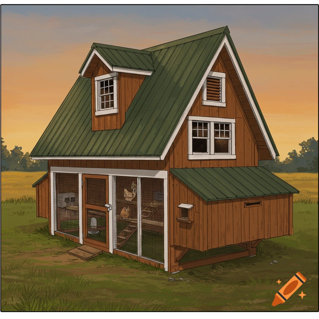 An A-frame chicken coop with chickens in a field at sunset.