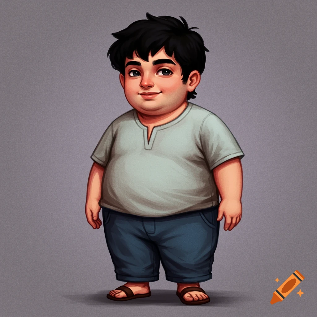 A young, chubby boy with dark hair wearing a light shirt and shorts.