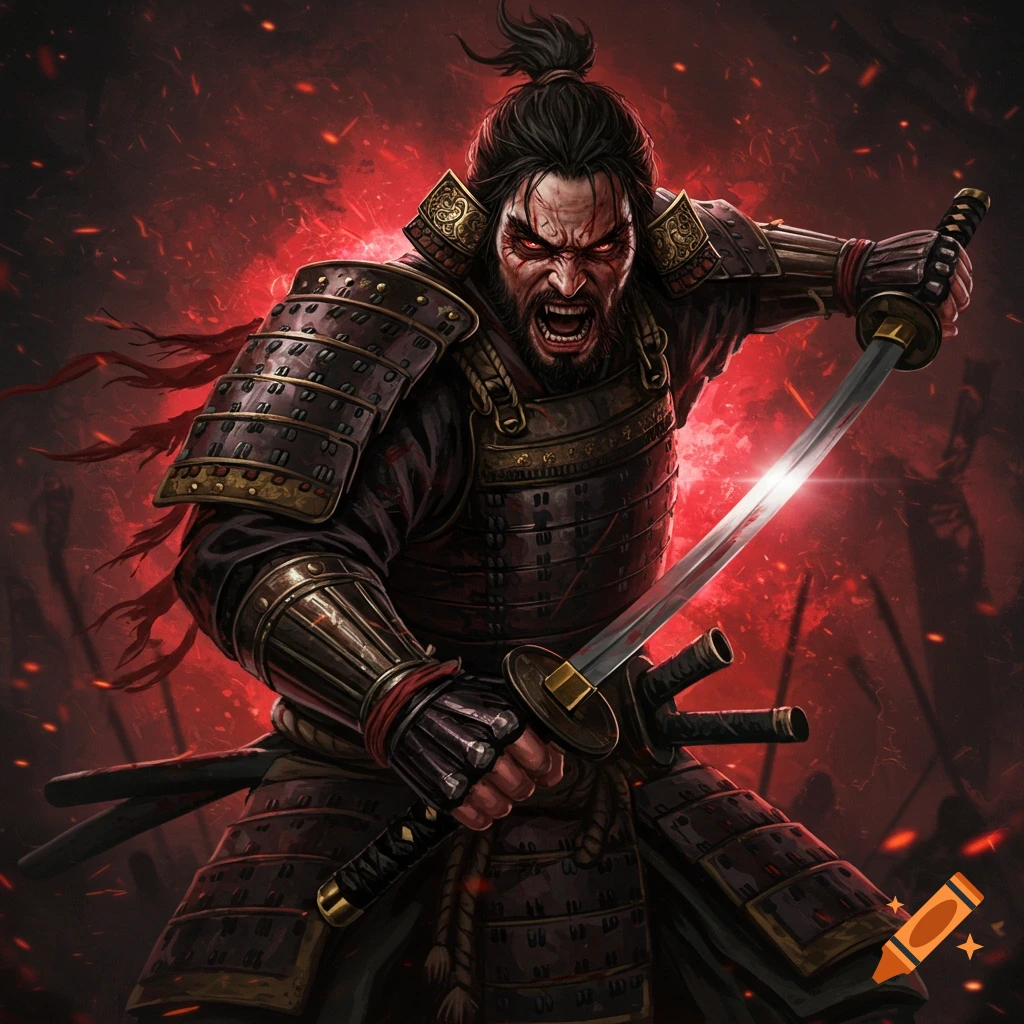 An aggressive samurai in armor is wielding a katana against a red, fiery background.