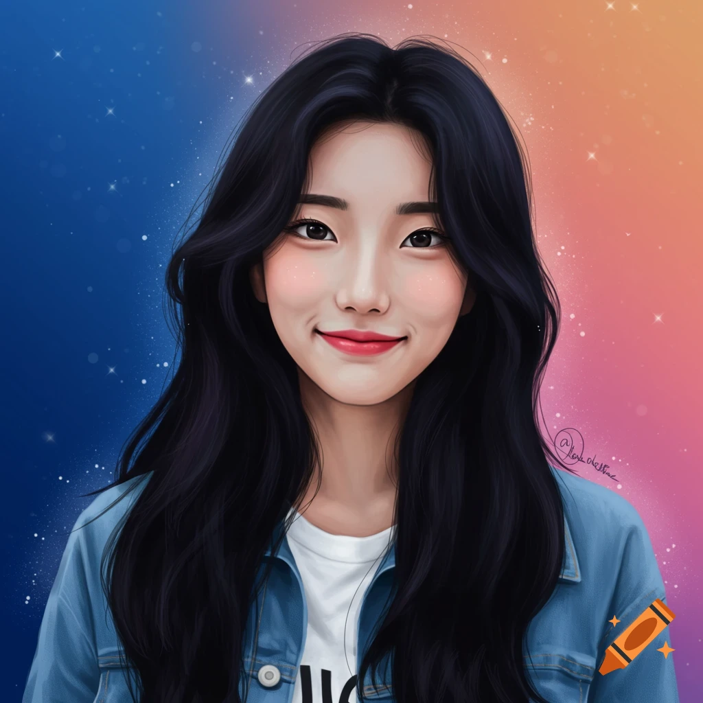 A young woman is smiling against a blue and orange starry background.