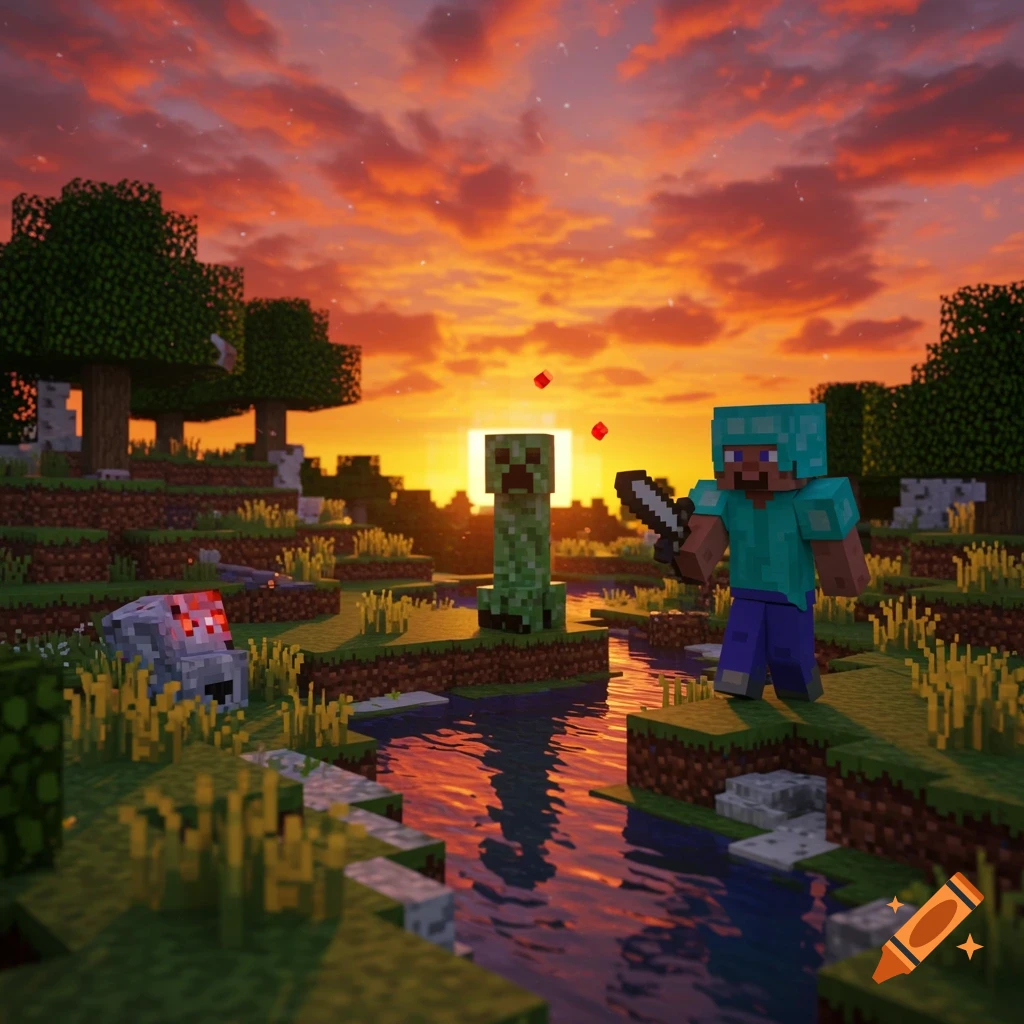 Minecraft characters Steve, Creeper, and spider at sunset near a stream.