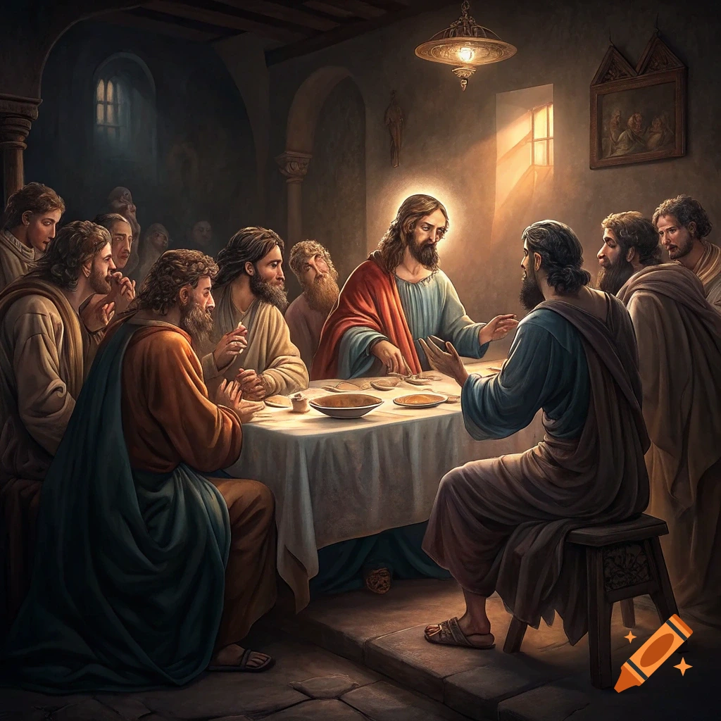 Painting of Jesus and disciples seated around a table, like the Last Supper.