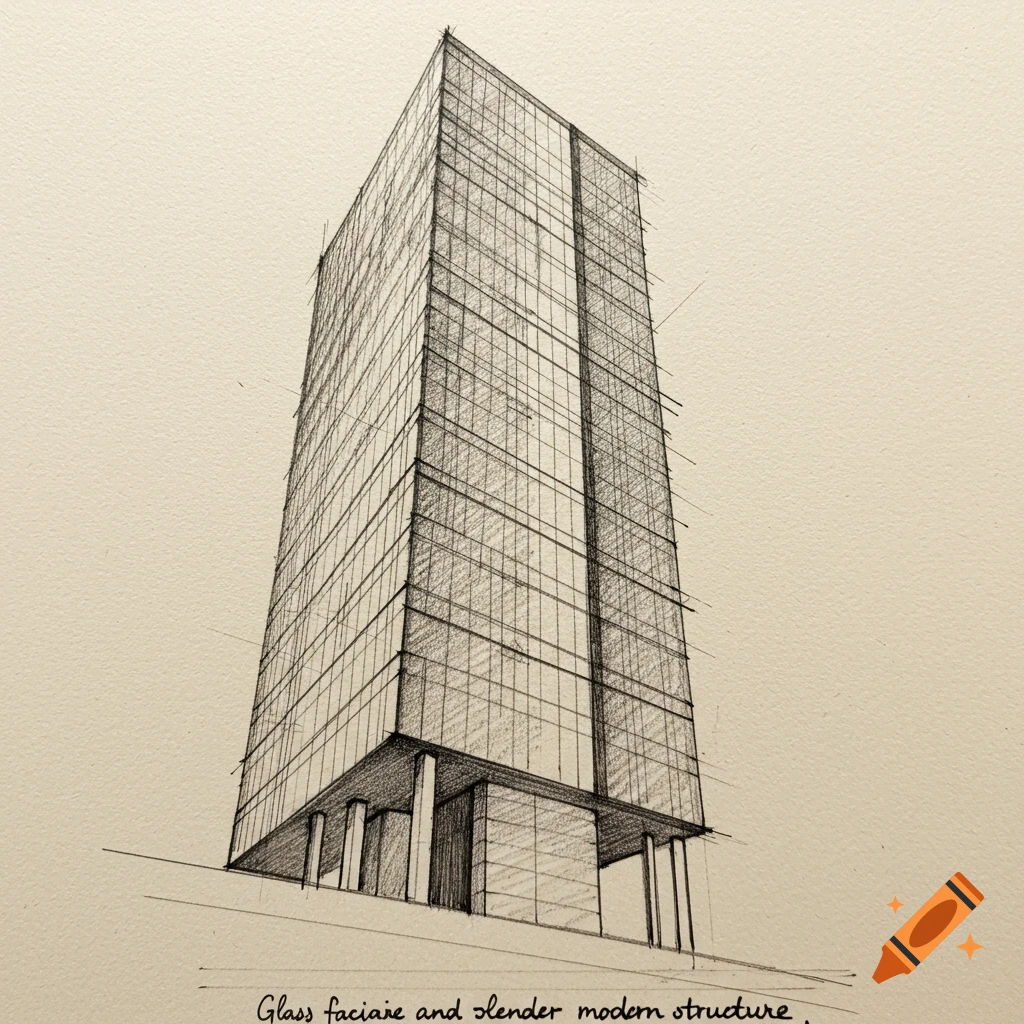 Pencil sketch of a tall, modern glass building.