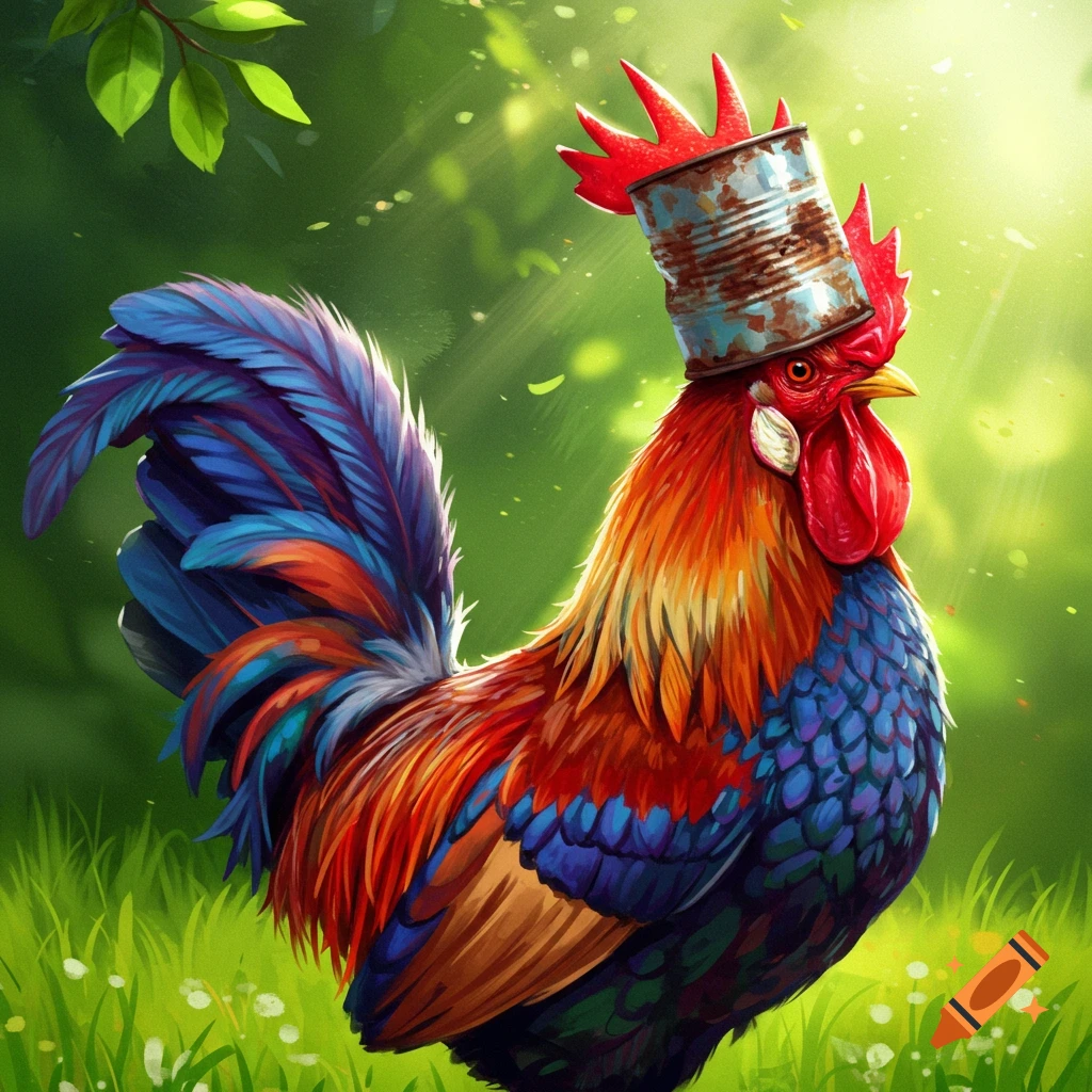 A colorful rooster wearing a tin can on its head, standing in grass.