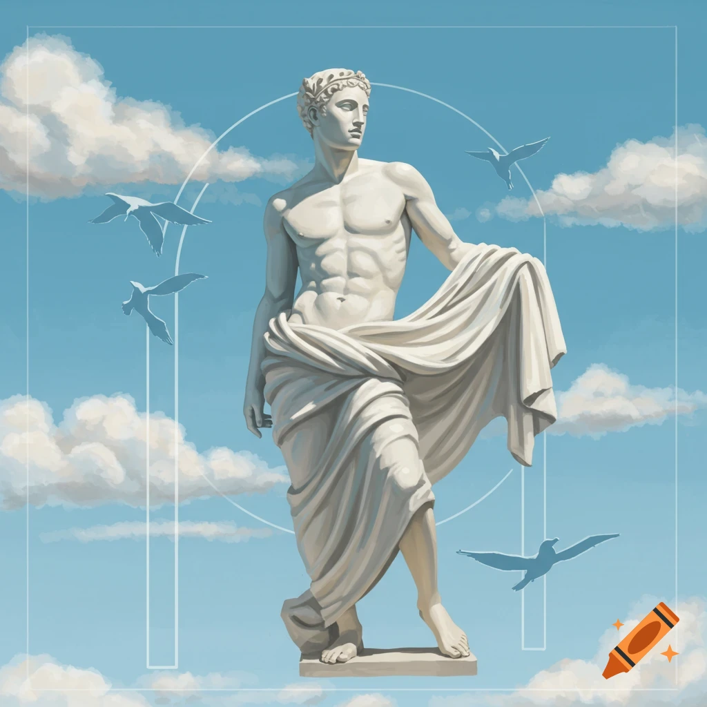 A classical marble statue of a man draped in cloth, standing in the sky with clouds and birds.