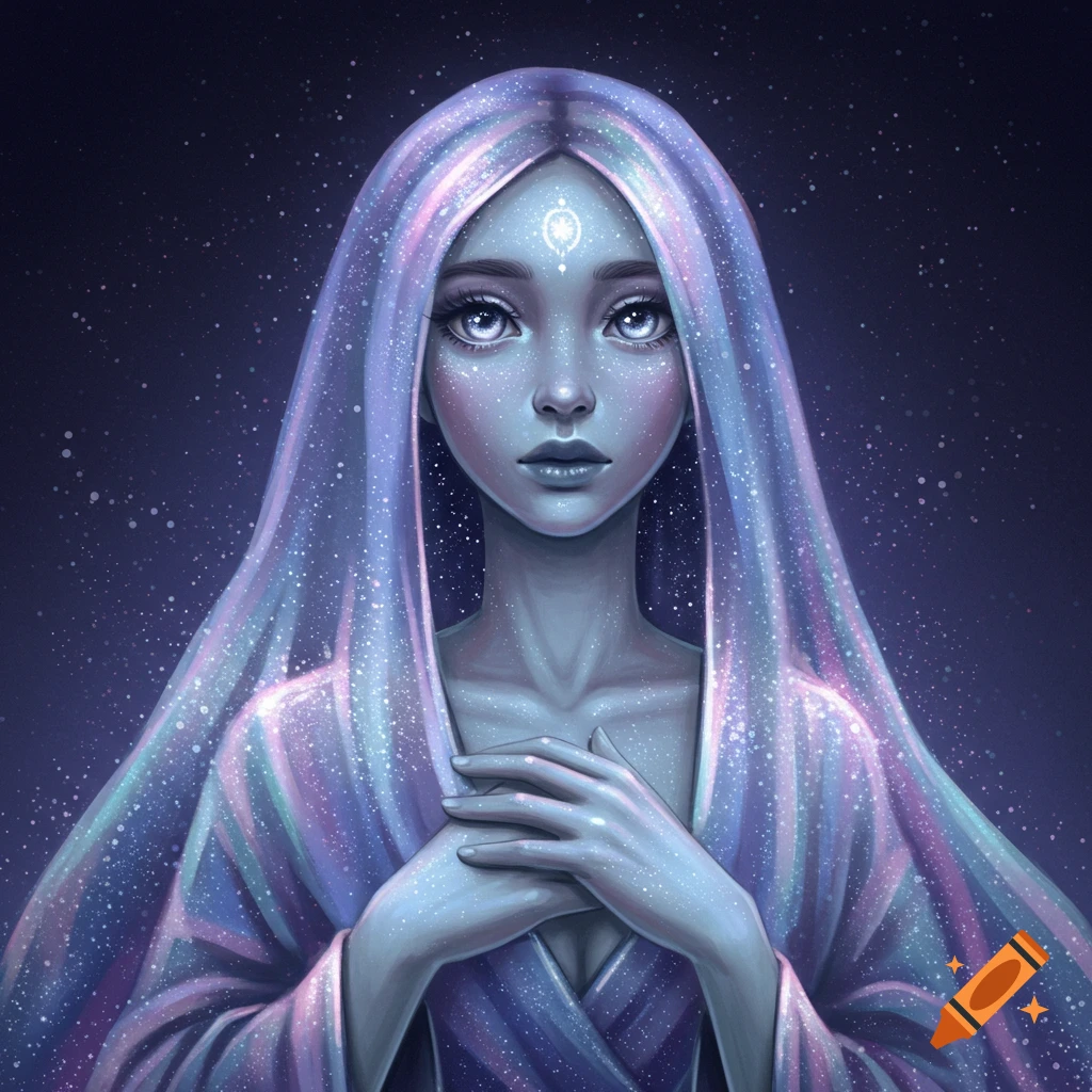 A woman with glowing, starry hair and robe, hands clasped.