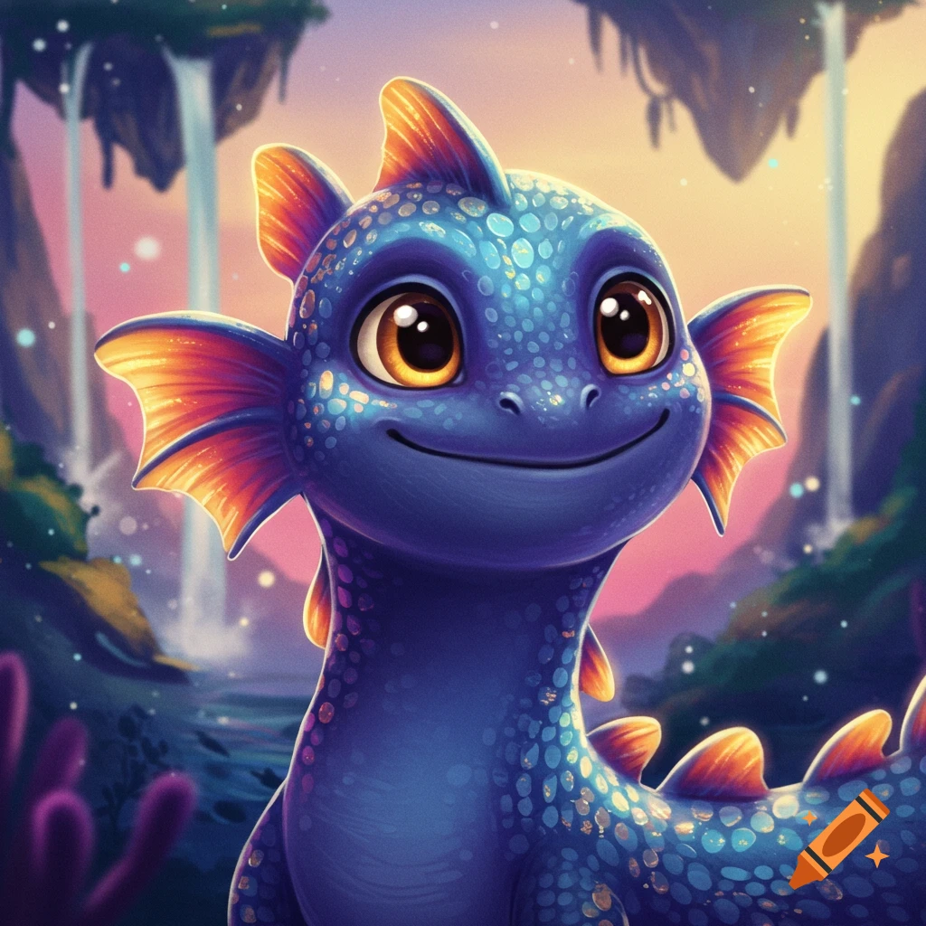 A cute blue fantasy creature with big eyes and orange fins stands in a magical landscape with waterfalls and floating islands.