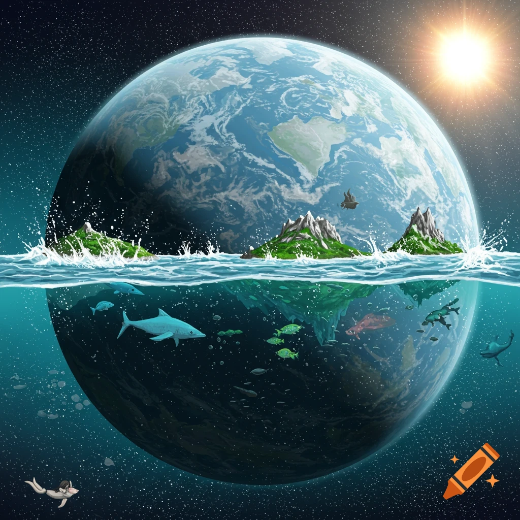 A cross-section of a planet showing space with stars and sun above, and water with sea creatures and islands below.
