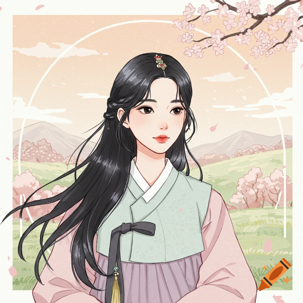 Illustration of a woman in traditional Korean dress in a cherry blossom landscape.