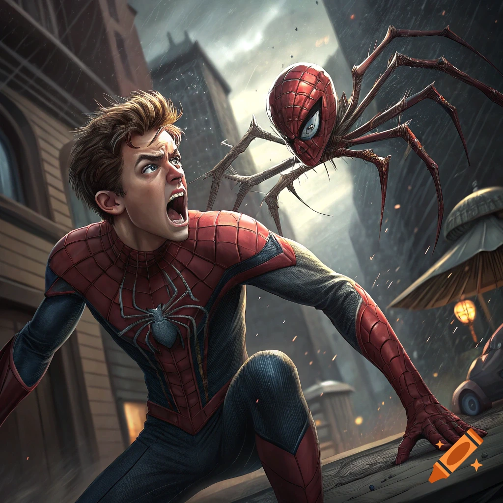 Spider-Man recoils from a giant spider creature with his mask in a detailed digital illustration.