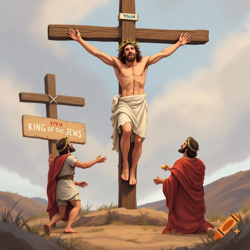 Cartoon illustration of Jesus crucified on a cross, flanked by two figures, one holding a 'KING OF THE JEWS' sign.