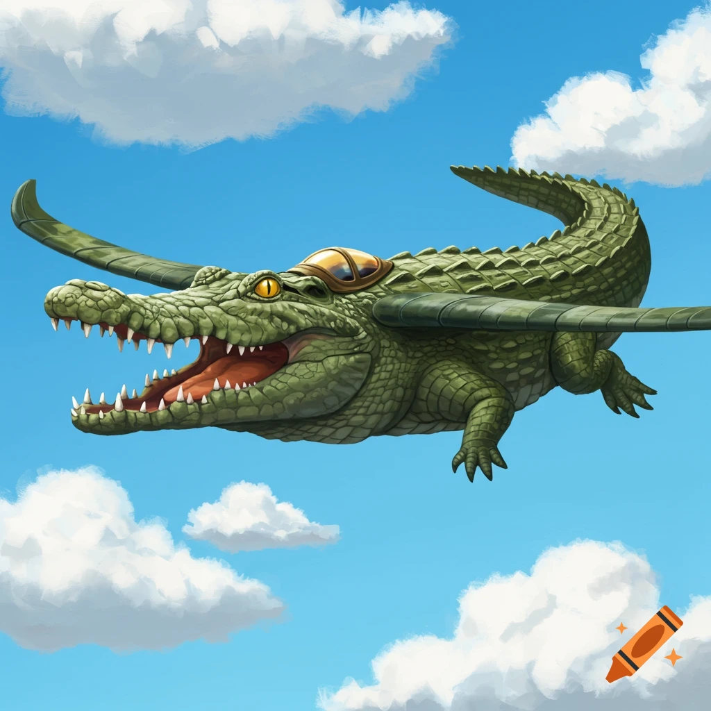 A crocodile with airplane wings flies in a blue sky with clouds.