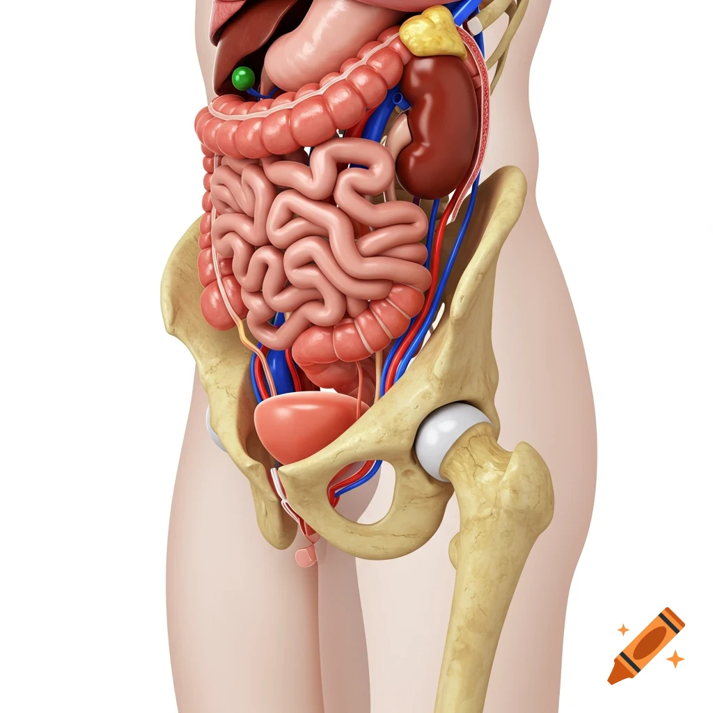 3D medical illustration of human pelvic and abdominal organs including intestines, kidney, bladder, and hip joint in a side view.