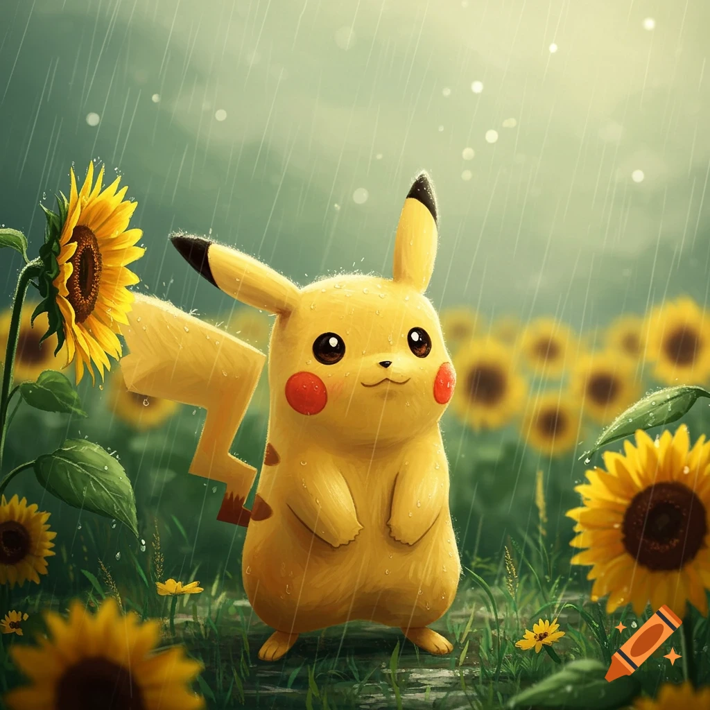 Pikachu stands in a field of sunflowers in the rain.