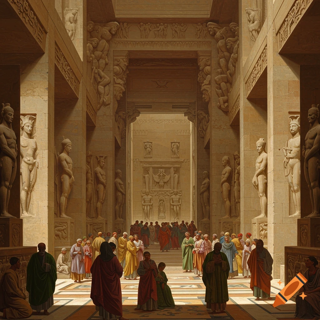 A painted scene of people gathered in a large ancient hall with columns and statues.