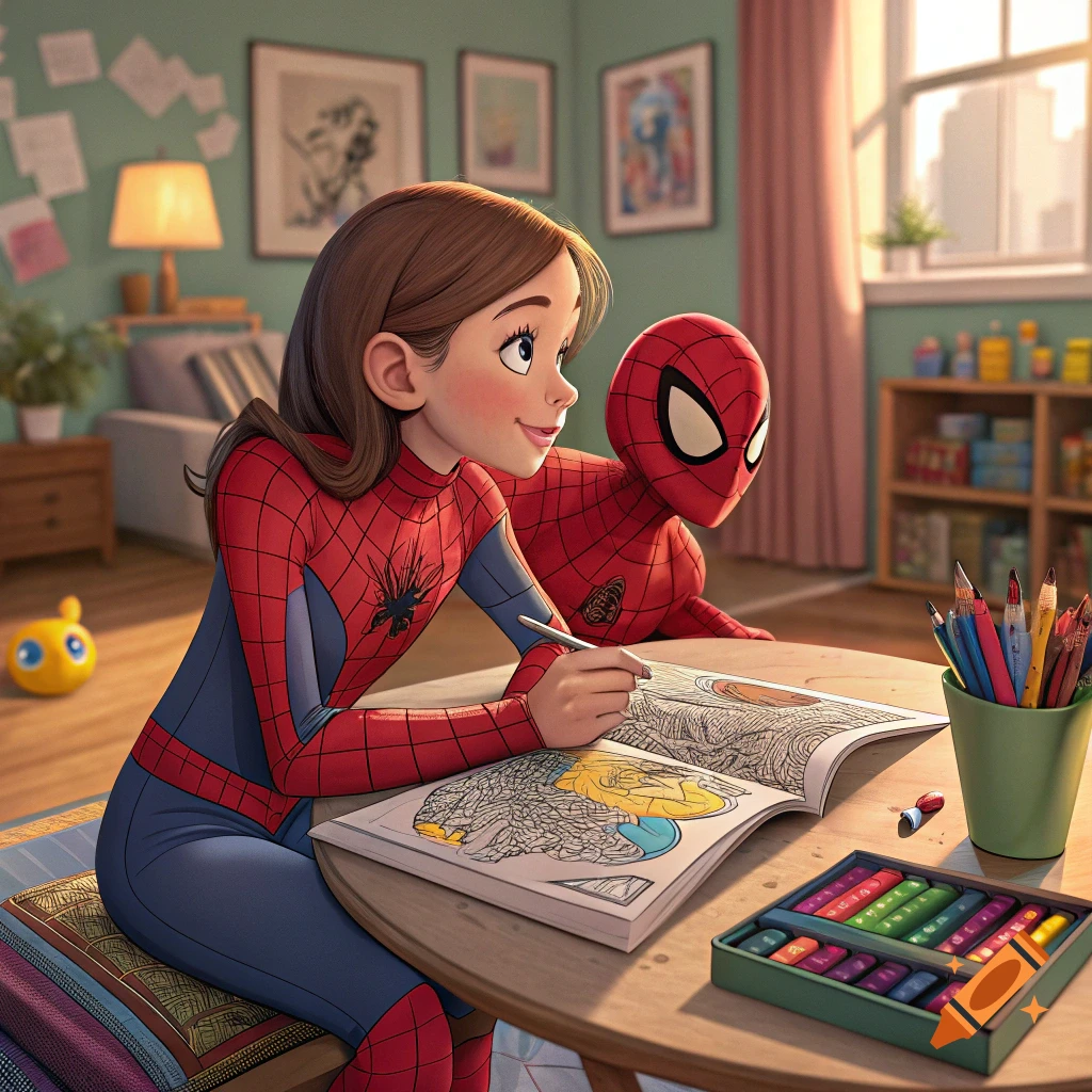 A young girl in a Spider-Man suit and a person in a Spider-Man suit color together in a book at a table in a room.