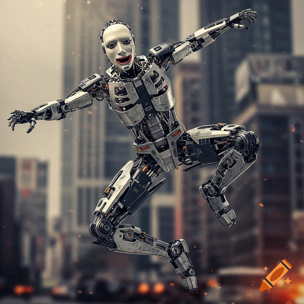 A robot stuntman with a white mask face jumps in a blurred city background.