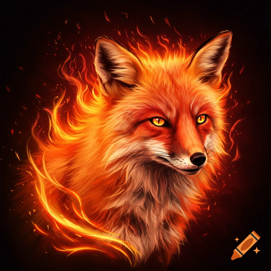 A fox head surrounded by orange flames.
