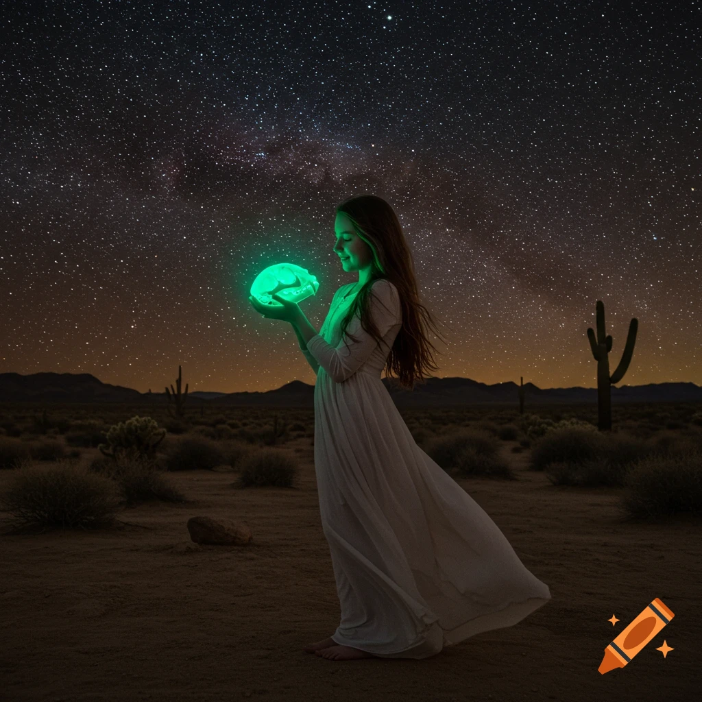 A girl in a white dress holds a glowing skull in a desert under a starry night sky.
