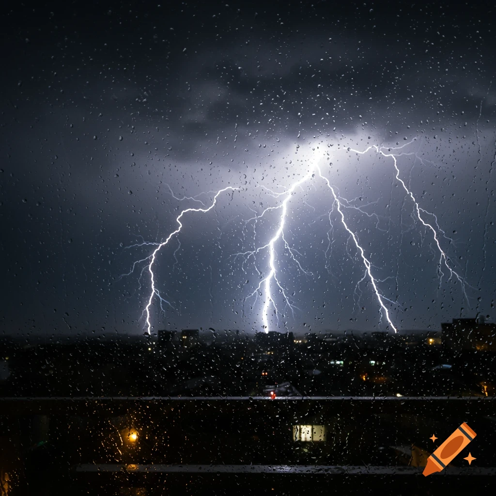 Lightning strikes over a city skyline viewed through a rainy window at night.