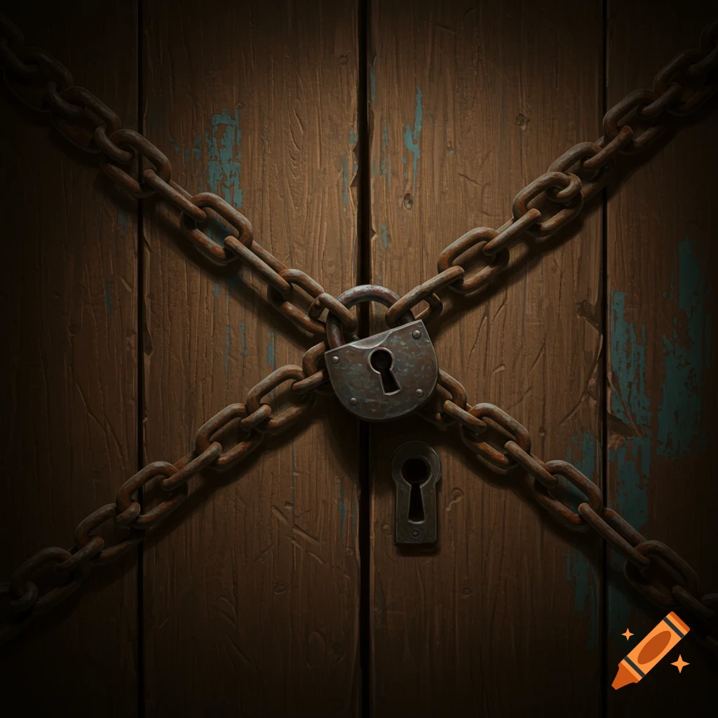 A wooden door secured with chains and a padlock.