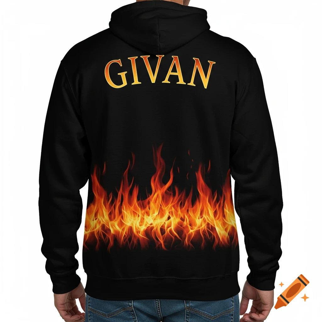 Black hoodie with GIVAN text and fire design on the back