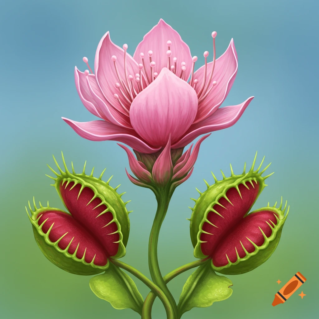 A hybrid plant with a pink flower on top and two venus flytraps below against a gradient background.