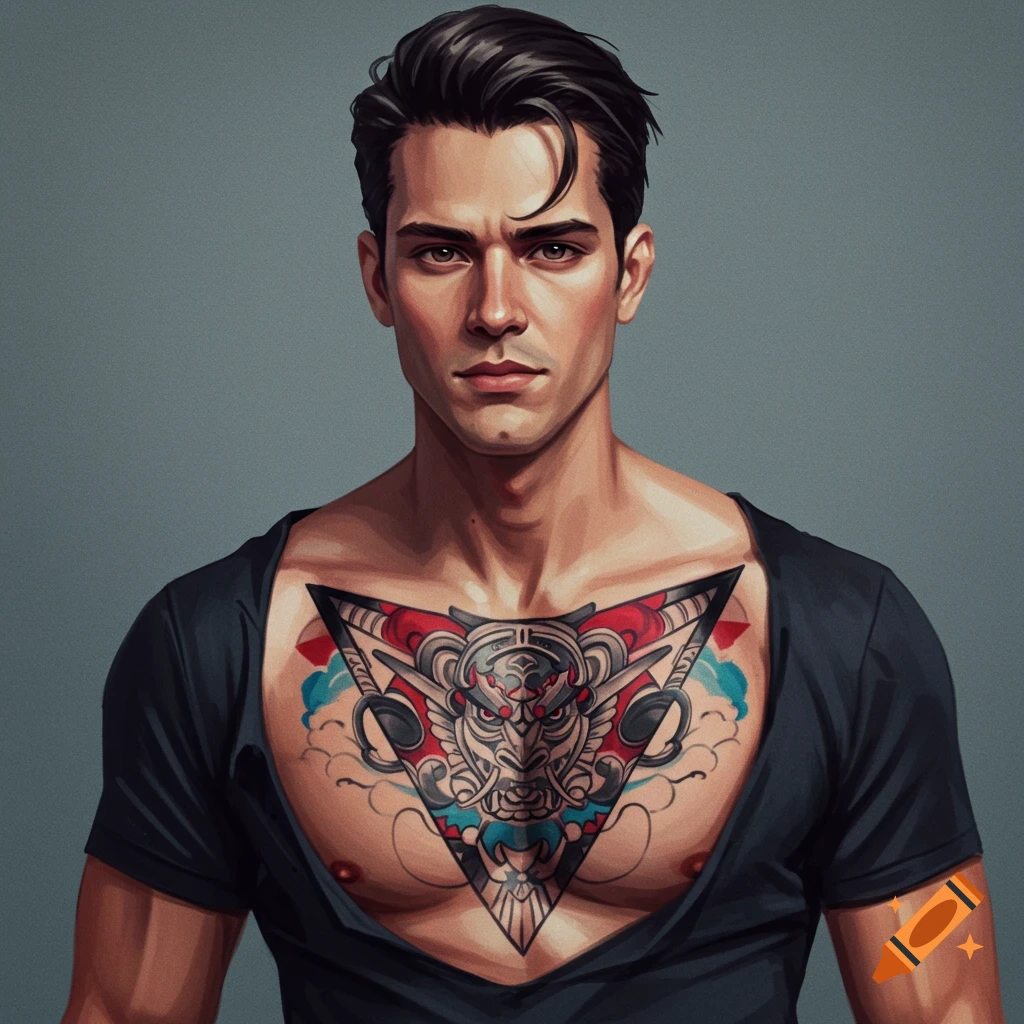 A man with a large triangle chest tattoo