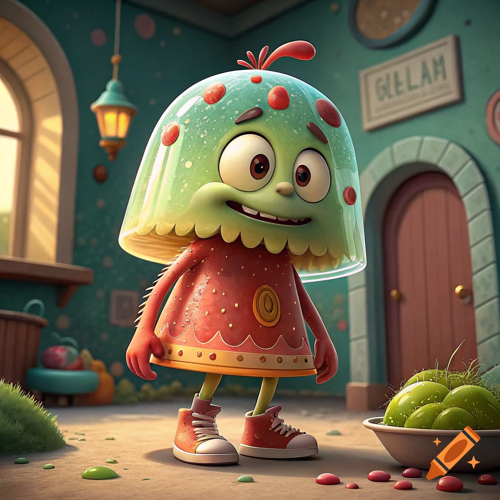 Cute cartoon character with a mushroom head wearing a red dress and shoes in a room.