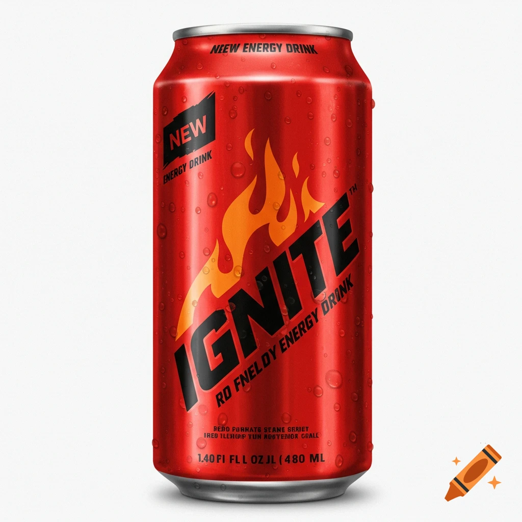 A red energy drink can with water droplets and 'Ignite' label.