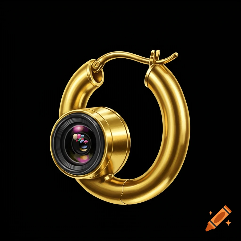 A gold hoop earring with a camera lens attached.