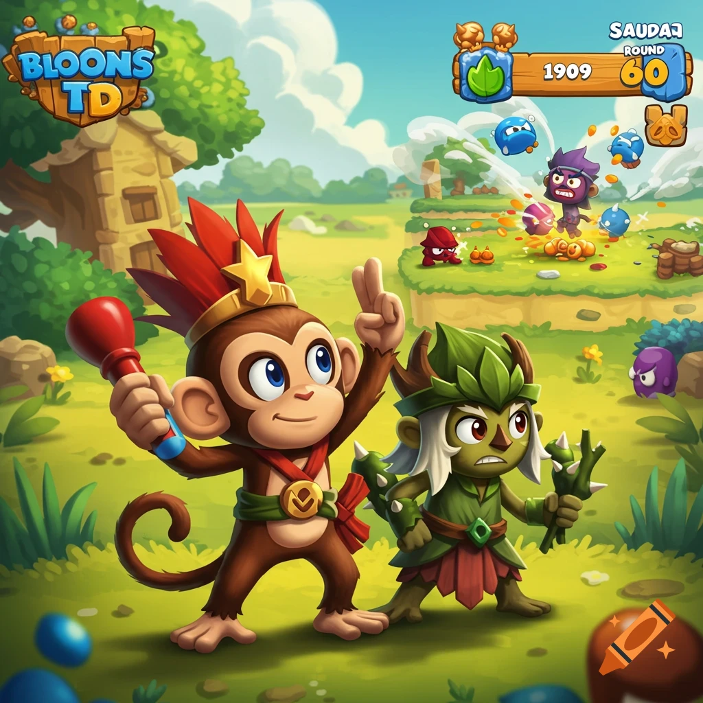 Cartoon characters from Bloons TD game, including a dart monkey and a druid, in a grassy field with game UI.